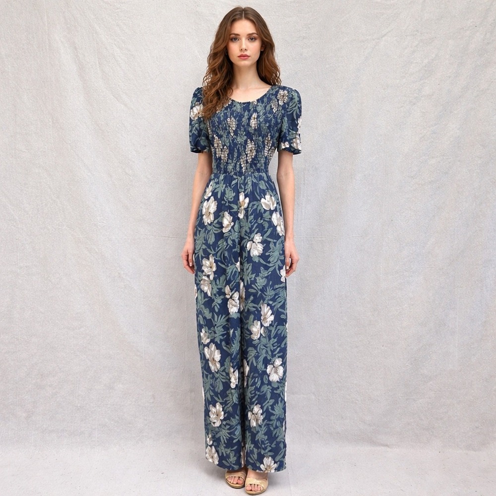 Vintage 90s smocked wide leg jumpsuit tropical floral print short sleeve size 10